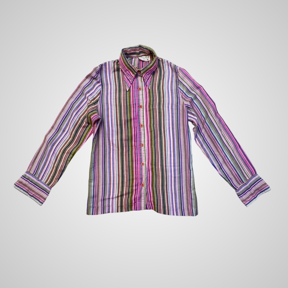 Vintage Diane Rich California Fruit Stripe Blouse 70s Dagger Collar Shirt Sz S/M